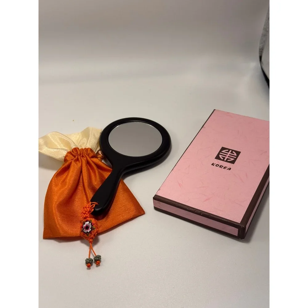 Traditional Korean Handheld Mirror Embroidered Floral Silk Blue Orange Tassel